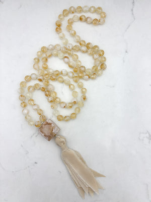 Citrine gemstone mala necklace  with cherry blossom agate guru bead and beige silk tassel | radiant malas | handmade in boulder, colorado	