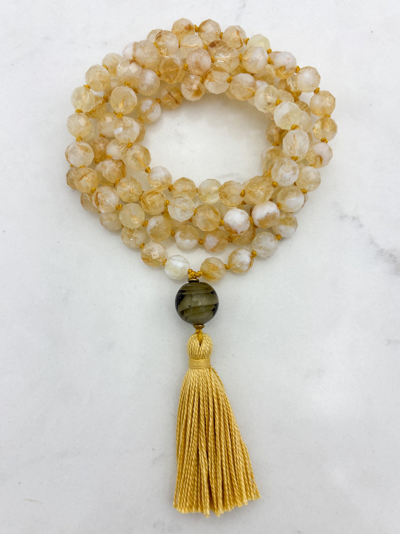 citrine gemstone mala necklace with green lampwork glass guru bead and gold tassel | radiant malas | handmade in boulder, colorado