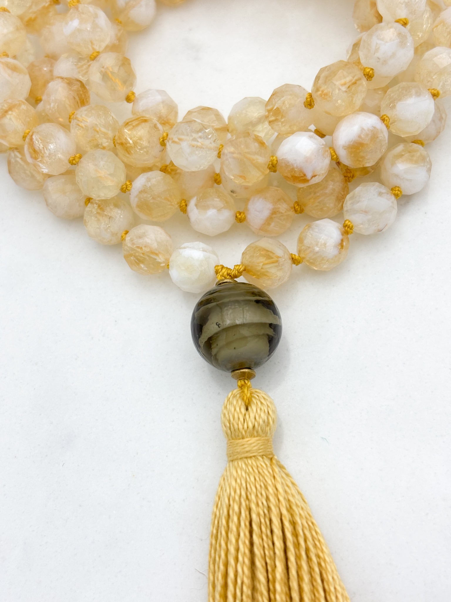 citrine gemstone mala necklace with green lampwork glass guru bead and gold tassel | radiant malas | handmade in boulder, colorado