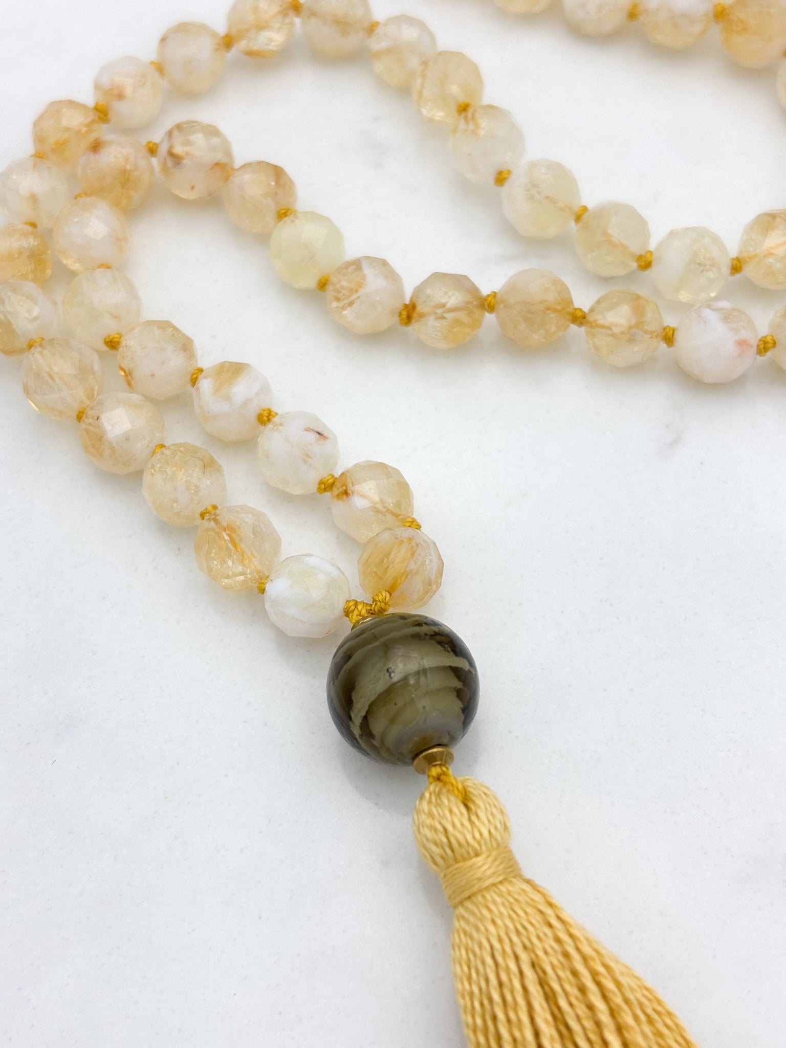 citrine gemstone mala necklace with green lampwork glass guru bead and gold tassel | radiant malas | handmade in boulder, colorado