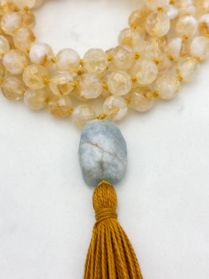 Citrine gemstone mala necklace  with aquamarine guru bead and rust colored tassel | radiant malas | handmade in boulder, colorado	