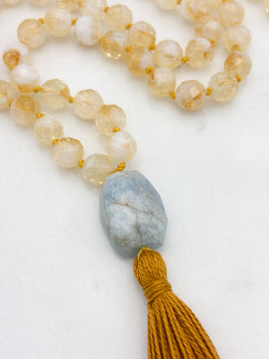 Citrine gemstone mala necklace  with aquamarine guru bead and rust colored tassel | radiant malas | handmade in boulder, colorado	