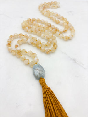 Citrine gemstone mala necklace  with aquamarine guru bead and rust colored tassel | radiant malas | handmade in boulder, colorado	