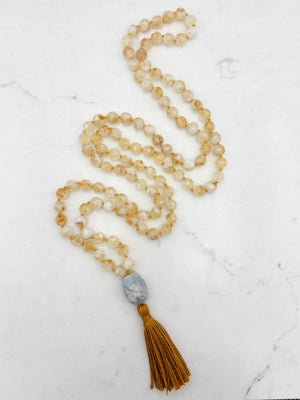 Citrine gemstone mala necklace  with aquamarine guru bead and rust colored tassel | radiant malas | handmade in boulder, colorado	