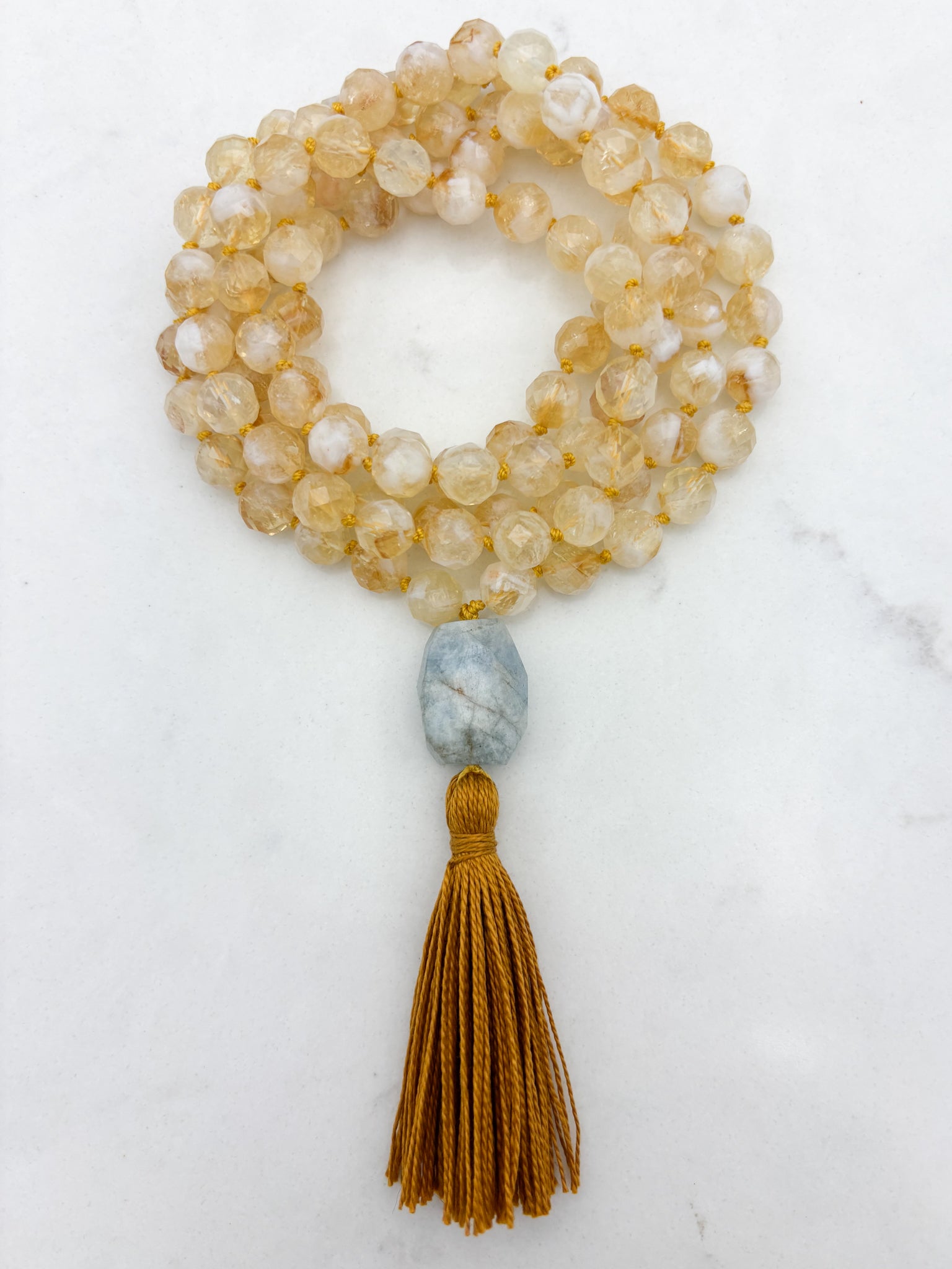 Citrine gemstone mala necklace  with aquamarine guru bead and rust colored tassel | radiant malas | handmade in boulder, colorado	