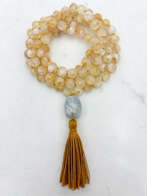 Citrine gemstone mala necklace  with aquamarine guru bead and rust colored tassel | radiant malas | handmade in boulder, colorado	
