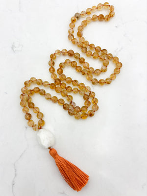 citrine gemstone mala necklace with Moonstone guru bead and orange tassel | radiant malas | handmade in boulder, colorado