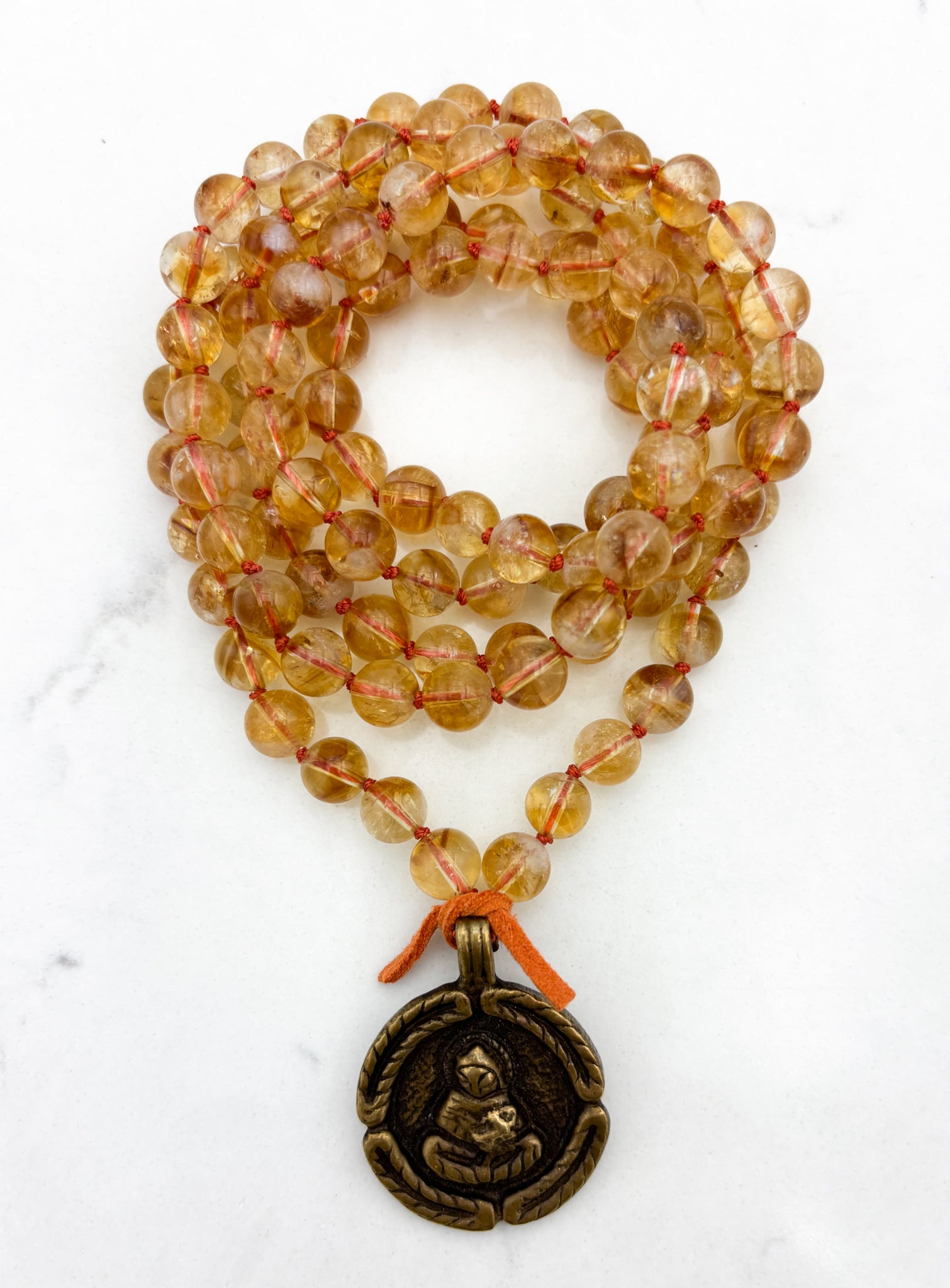 citrine gemstone mala necklace with round brass pendant | radiant malas | handmade in boulder, colorado