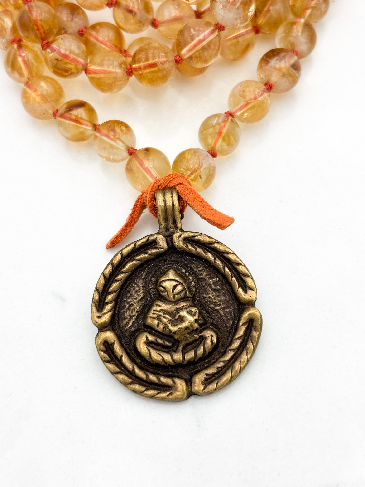 citrine gemstone mala necklace with round brass pendant | radiant malas | handmade in boulder, colorado