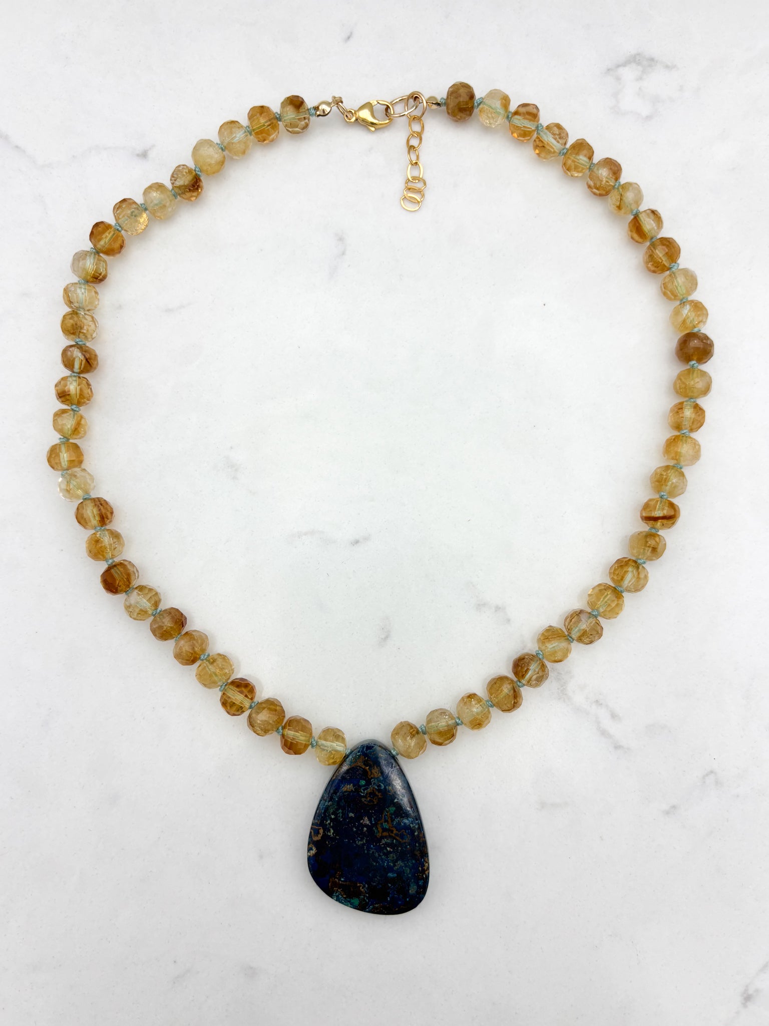 citrine knotted gemstone necklace with chrysocolla pendant | radiant malas | handmade in boulder, colorado