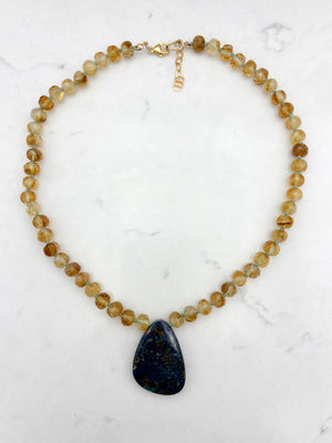 citrine knotted gemstone necklace with chrysocolla pendant | radiant malas | handmade in boulder, colorado