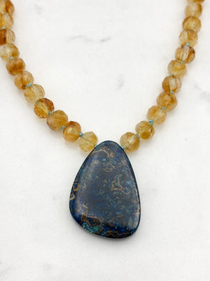 citrine knotted gemstone necklace with chrysocolla pendant | radiant malas | handmade in boulder, colorado