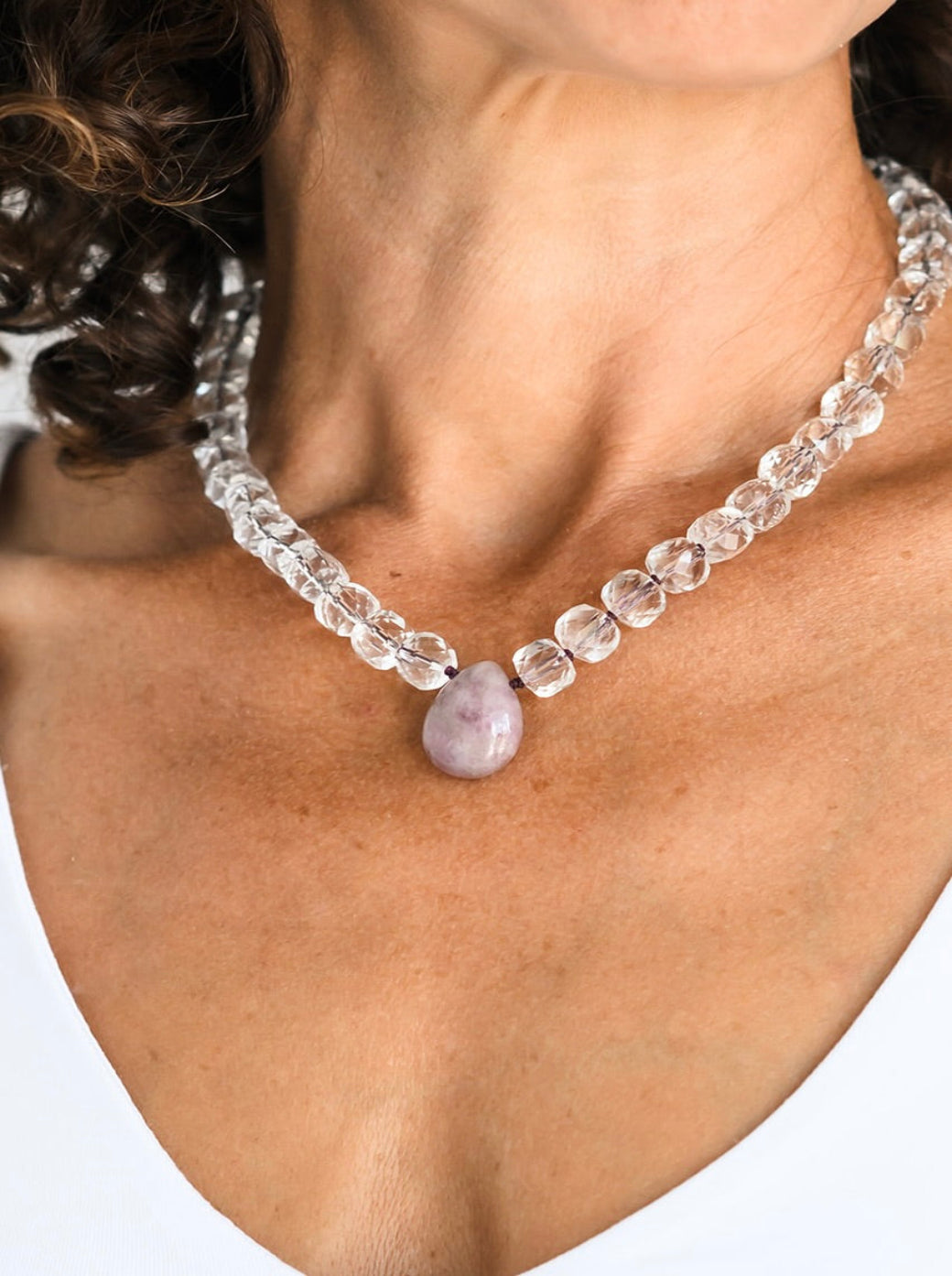 clear quartz knotted gemstone necklace with rose quartz teardrop pendant| radiant malas | handmade in boulder, colorado