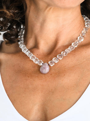 clear quartz knotted gemstone necklace with rose quartz teardrop pendant| radiant malas | handmade in boulder, colorado