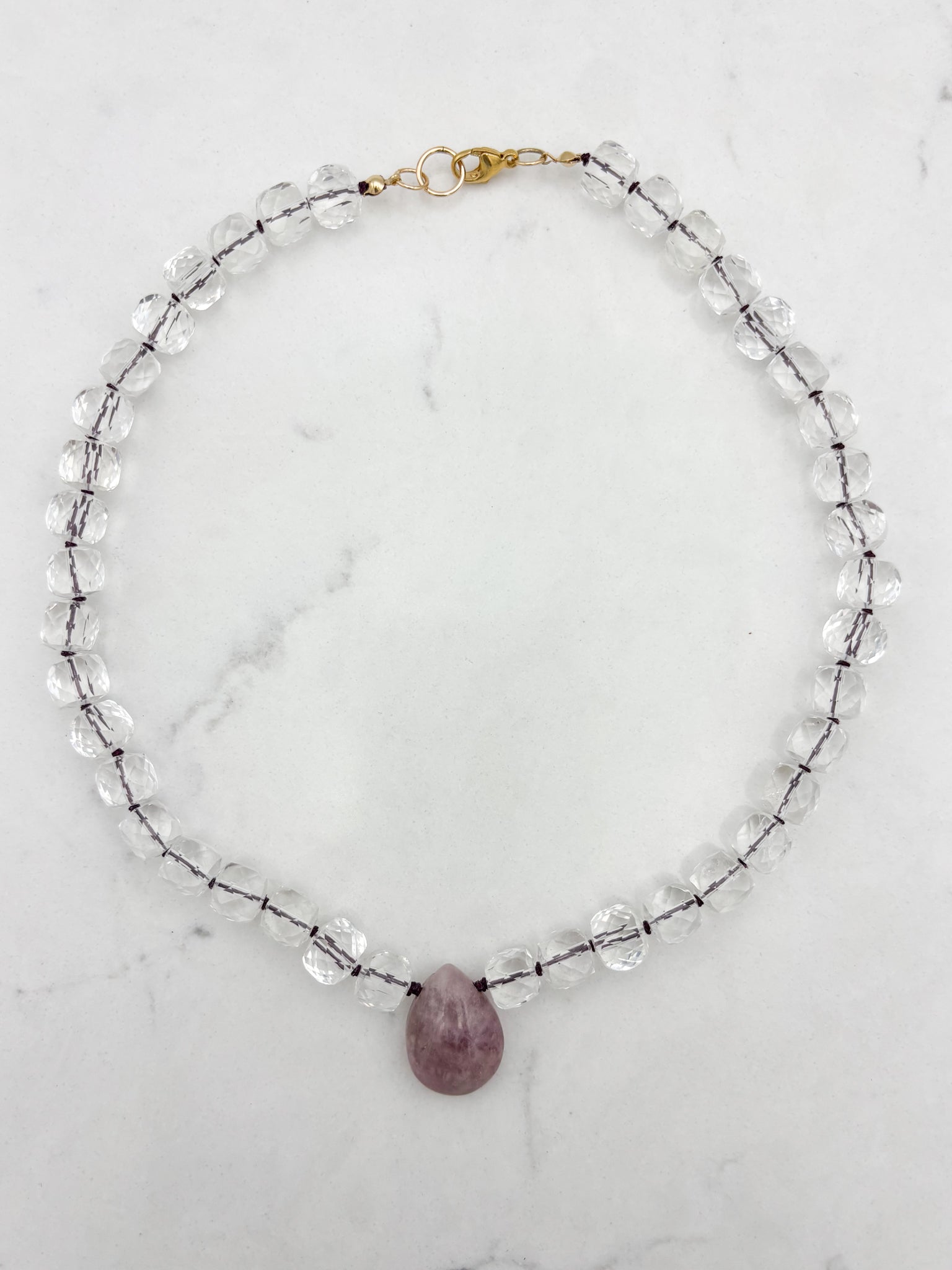 clear quartz knotted gemstone necklace with rose quartz teardrop pendant| radiant malas | handmade in boulder, colorado