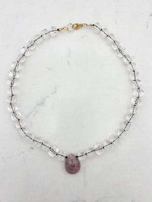 clear quartz knotted gemstone necklace with rose quartz teardrop pendant| radiant malas | handmade in boulder, colorado