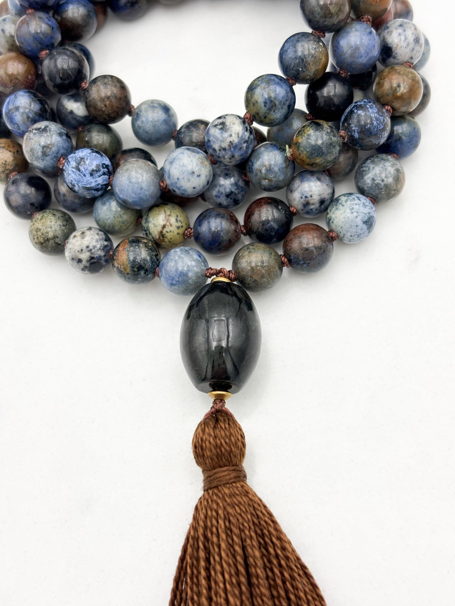 dumortierite gemstone mala with jade guru bead and brown tassel | radiant malas | handmade in boulder, colorado