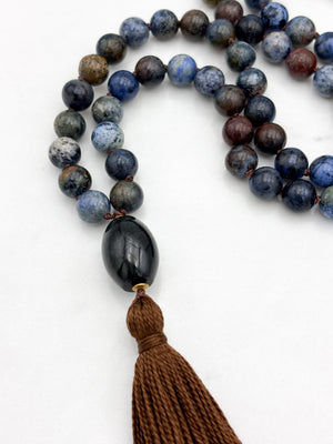 dumortierite gemstone mala with jade guru bead and brown tassel | radiant malas | handmade in boulder, colorado