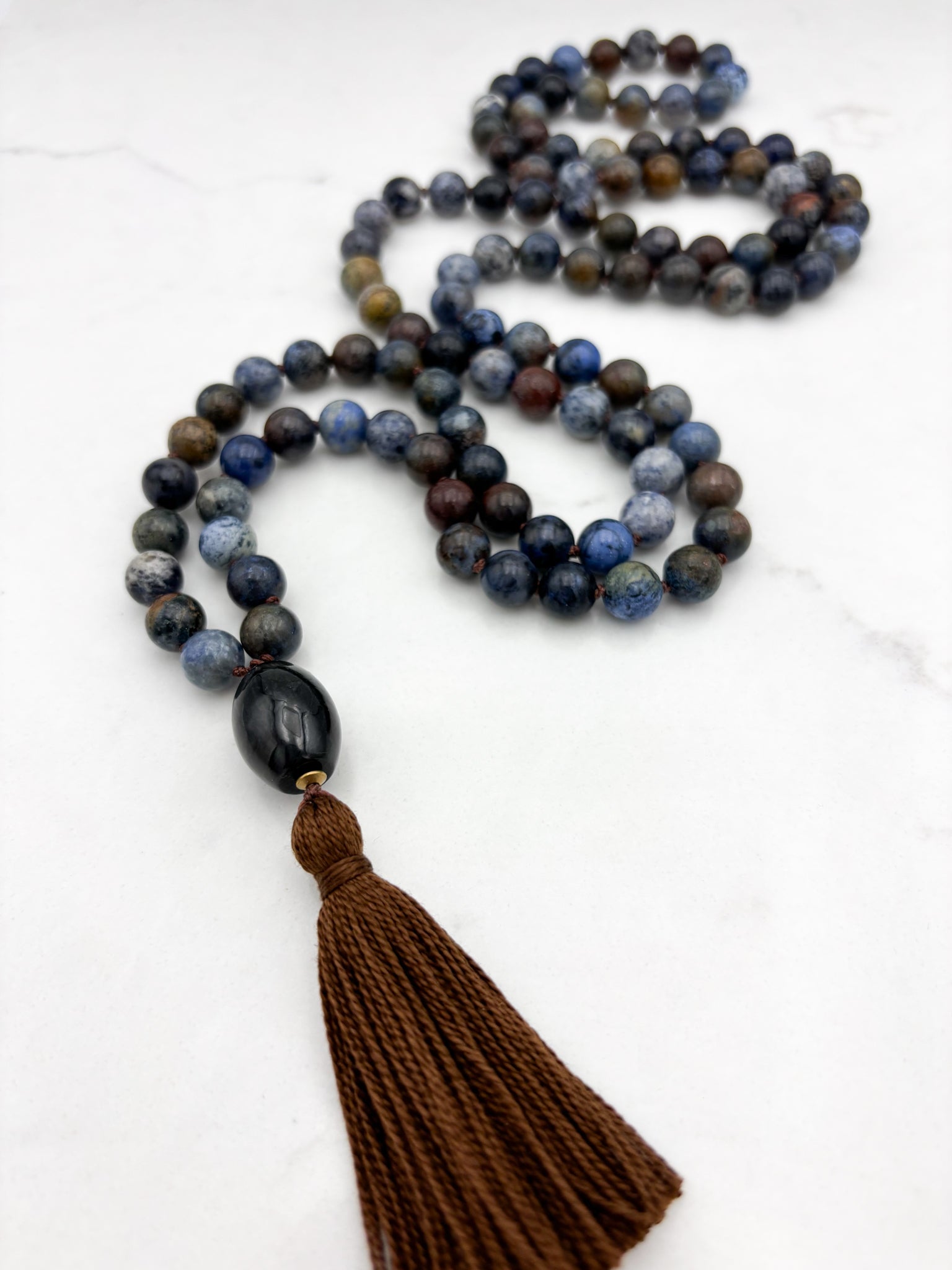 dumortierite gemstone mala with jade guru bead and brown tassel | radiant malas | handmade in boulder, colorado