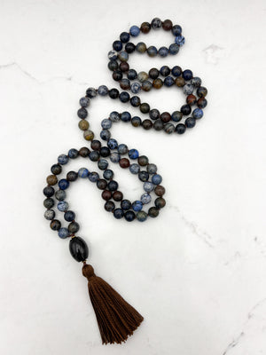 dumortierite gemstone mala with jade guru bead and brown tassel | radiant malas | handmade in boulder, colorado