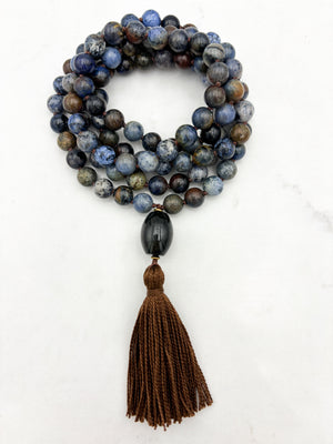 dumortierite gemstone mala with jade guru bead and brown tassel | radiant malas | handmade in boulder, colorado