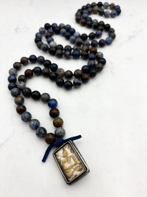 dumortierite gemstone mala withvintage buddha pendant | radiant malas | handmade in boulder, colorado
