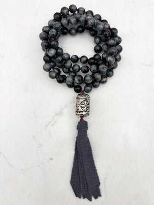 eagle eye gemstone mala necklace with etched silver guru bead and gray silk ribbon tassel | radiant malas | handmade in boulder, colorado