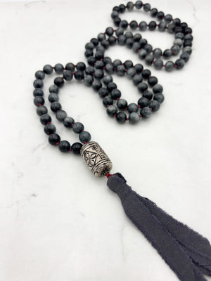 eagle eye gemstone mala necklace with etched silver guru bead and gray silk ribbon tassel | radiant malas | handmade in boulder, colorado