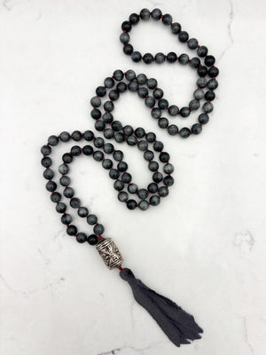 eagle eye gemstone mala necklace with etched silver guru bead and gray silk ribbon tassel | radiant malas | handmade in boulder, colorado
