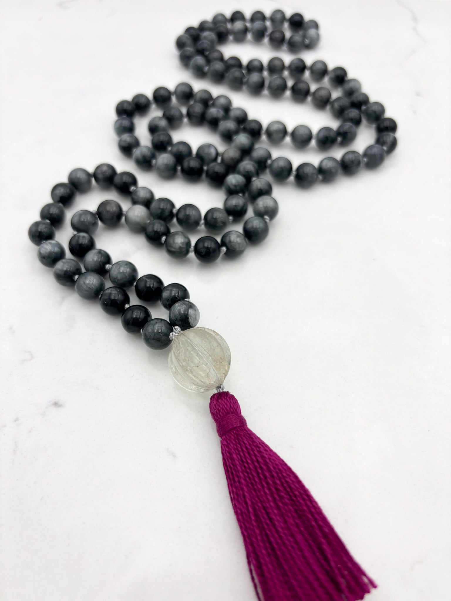 eagle eye gemstone mala necklace with vintage glass guru bead and pink tassel | radiant malas | handmade in boulder, colorado