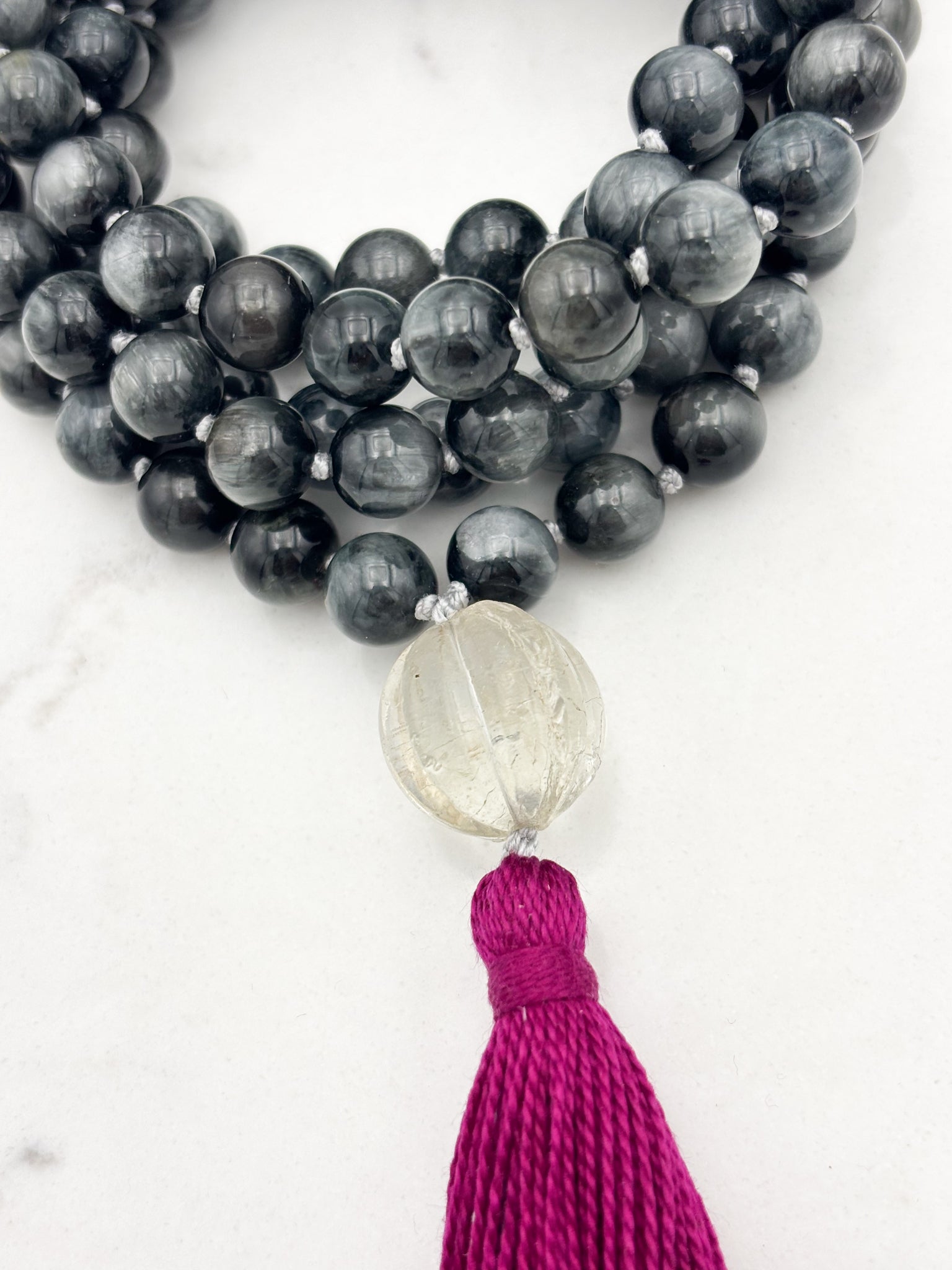 eagle eye gemstone mala necklace with vintage glass guru bead and pink tassel | radiant malas | handmade in boulder, colorado