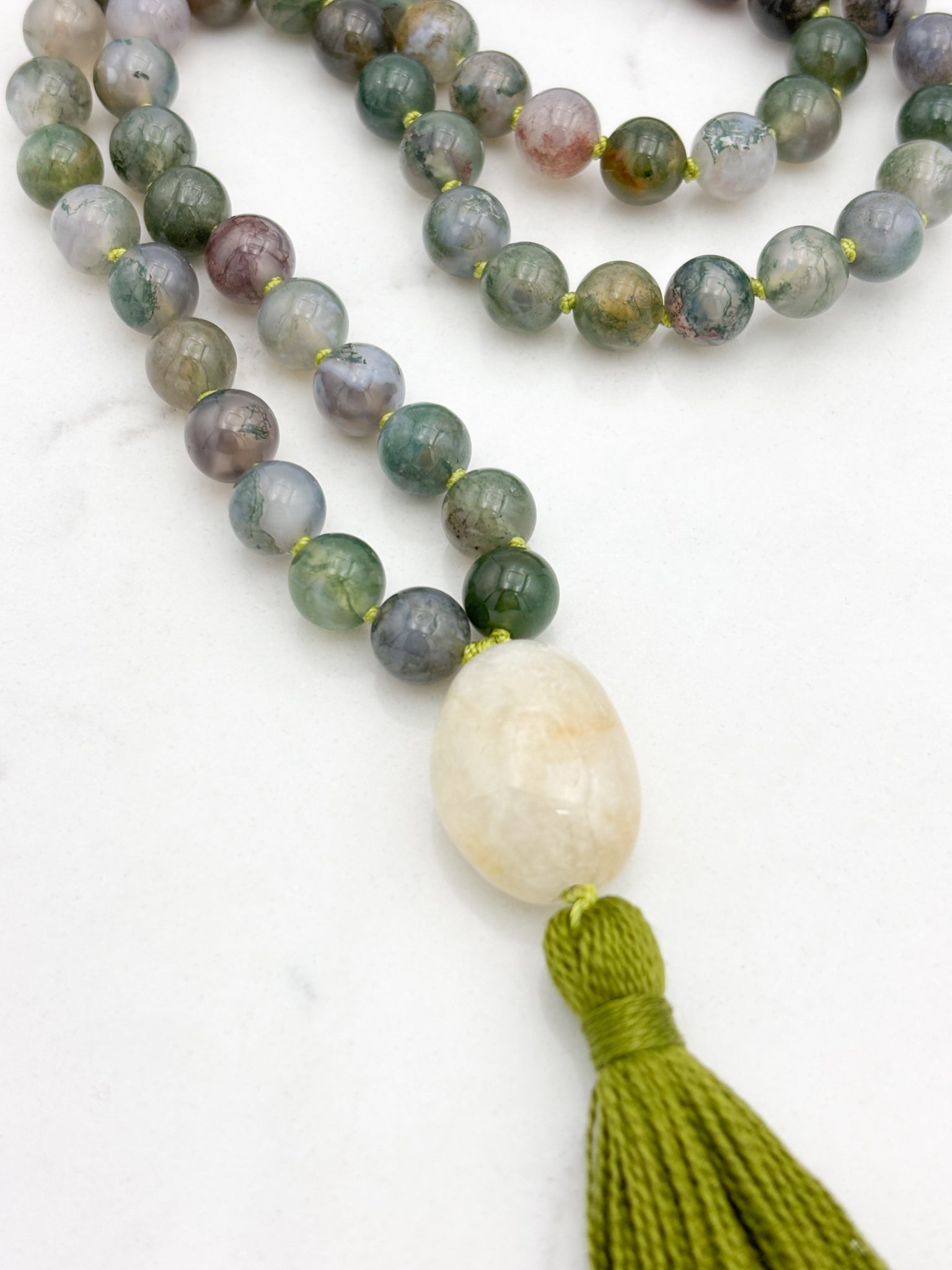 moss agate gemstone mala with aquamarine guru bead and green tassel | radiant malas | handmade in boulder, colorado