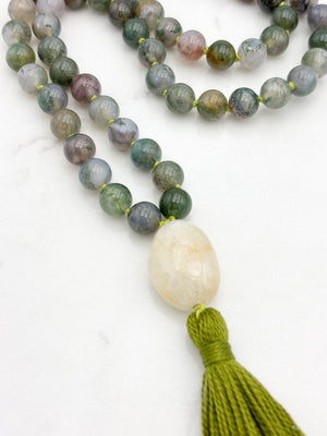 moss agate gemstone mala with aquamarine guru bead and green tassel | radiant malas | handmade in boulder, colorado