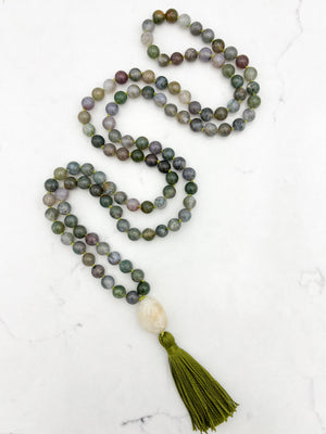 moss agate gemstone mala with aquamarine guru bead and green tassel | radiant malas | handmade in boulder, colorado