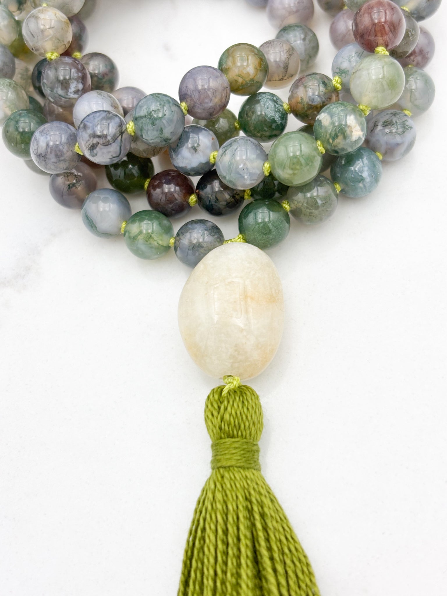 moss agate gemstone mala with aquamarine guru bead and green tassel | radiant malas | handmade in boulder, colorado