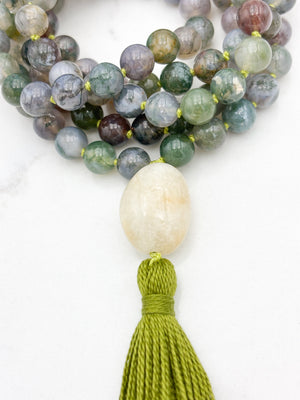 moss agate gemstone mala with aquamarine guru bead and green tassel | radiant malas | handmade in boulder, colorado