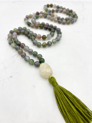 moss agate gemstone mala with aquamarine guru bead and green tassel | radiant malas | handmade in boulder, colorado