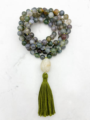 moss agate gemstone mala with aquamarine guru bead and green tassel | radiant malas | handmade in boulder, colorado