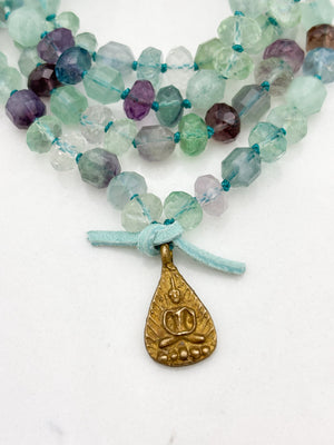 fluorite gemstone mala with brass Buddha pendant | radiant malas  handmade in boulder, colorado