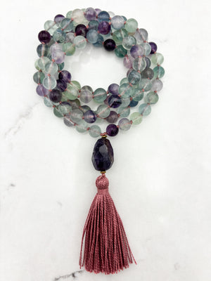 fluorite gemstone mala with amethyst guru bead and pink tassel | radiant malas  handmade in boulder, colorado