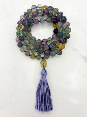 fluorite gemstone mala with citrine guru bead and lilac tassel | radiant malas  handmade in boulder, colorado