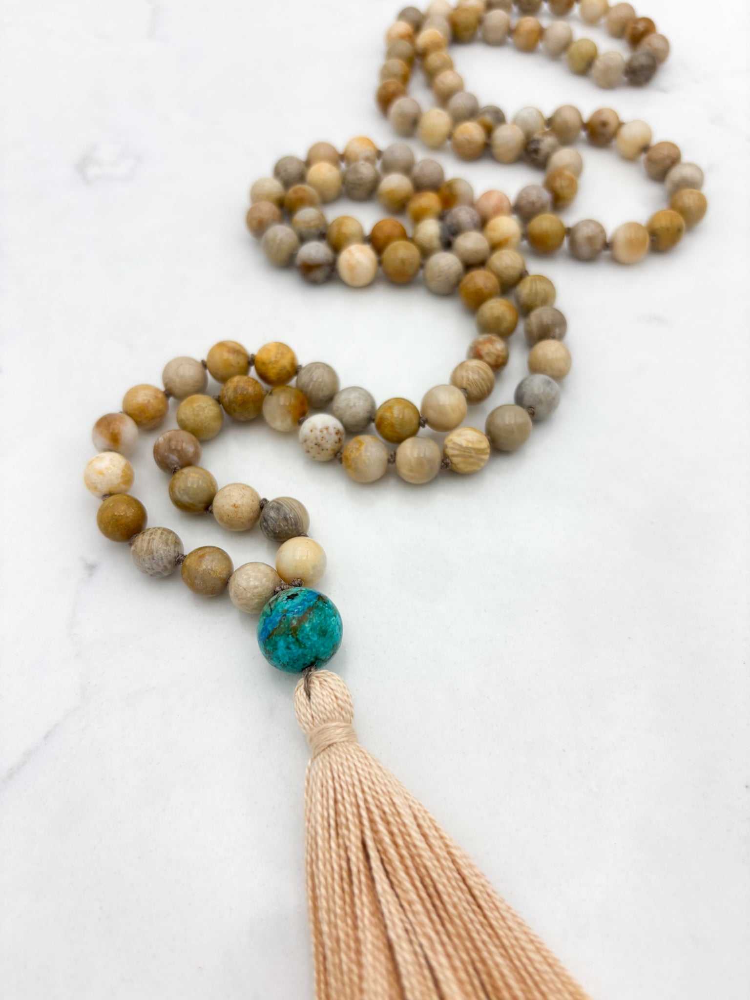 Fossil Coral gemstone mala | radiant malas | handmade in boulder, colorado