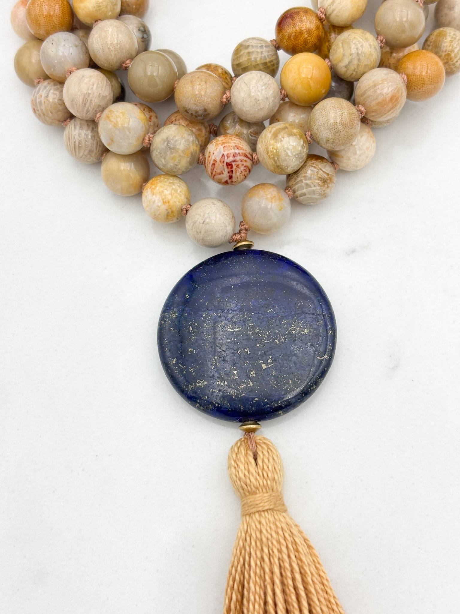 fossil coral gemstone mala | radiant malas | handmade in boulder, colorado