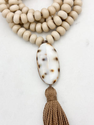 fossil jasper gemstone mala with shell guru bead and brown tassel | radiant malas | handmade in boulder, colorado