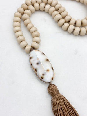 fossil jasper gemstone mala with shell guru bead and brown tassel | radiant malas | handmade in boulder, colorado