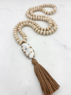fossil jasper gemstone mala with shell guru bead and brown tassel | radiant malas | handmade in boulder, colorado