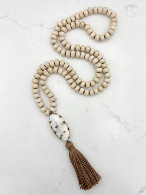 fossil jasper gemstone mala with shell guru bead and brown tassel | radiant malas | handmade in boulder, colorado