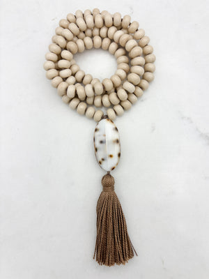 fossil jasper gemstone mala with shell guru bead and brown tassel | radiant malas | handmade in boulder, colorado