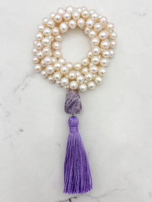 freshwater pearl mala necklace with amethyst guru bead and purple tassel | radiant malas | handmade in boulder, colorado 