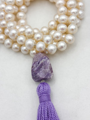 freshwater pearl mala necklace with amethyst guru bead and purple tassel | radiant malas | handmade in boulder, colorado 